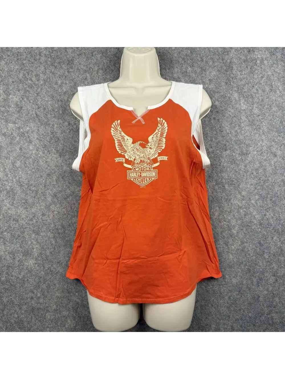 Harley Davidson Greenville SC Sleeveless T Shirt Orange White Women Size XL 365